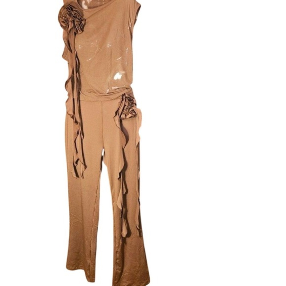 Ekaliy Brown Mesh Rosette Top and Wide Leg Pants Two Piece Set XL Ruffle Detail